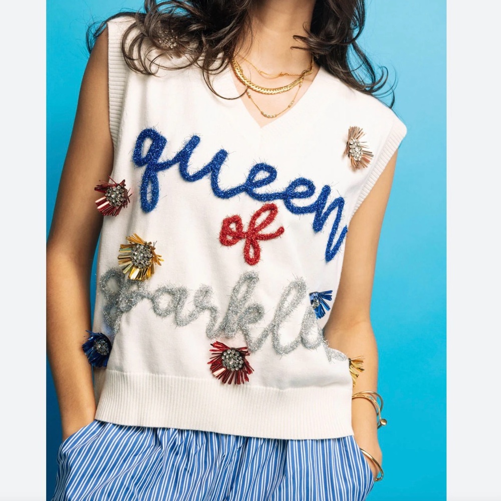 QUEEN OF SPARKLES White V-Neck Sweater with Blue and Silver Accents